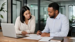 HR professional and employee reviewing benefit enrollment forms during an open enrollment meeting