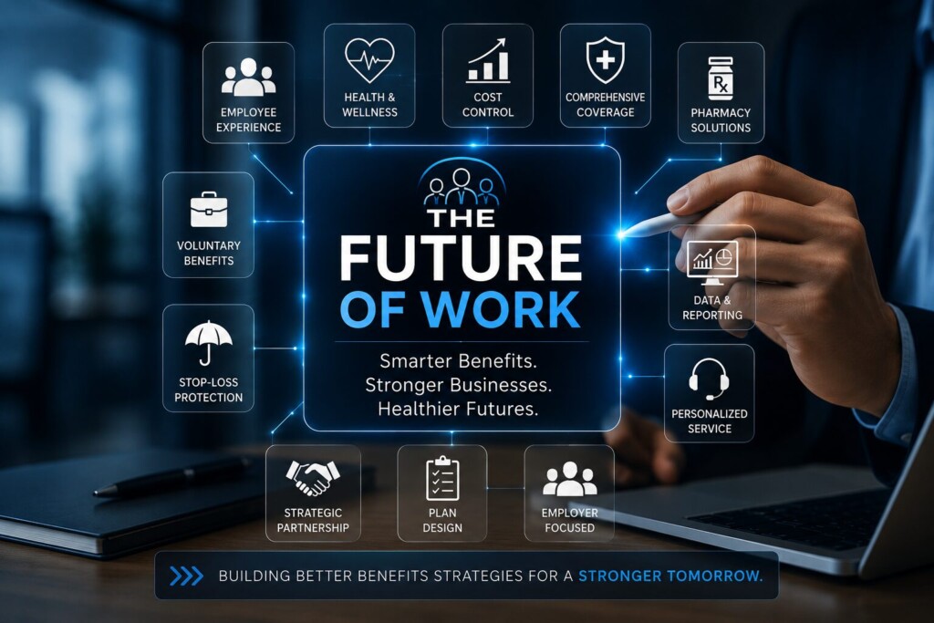 Future of Work and Level Funded Health Plans showing digital employee benefits strategy, healthcare cost management, and workforce benefits planning.